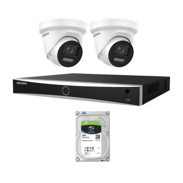 Voordelig en goed Hikvision 2x 8MP Colorvu buiten IP camera's met Acusense recorder met PoE voor 8 camera's